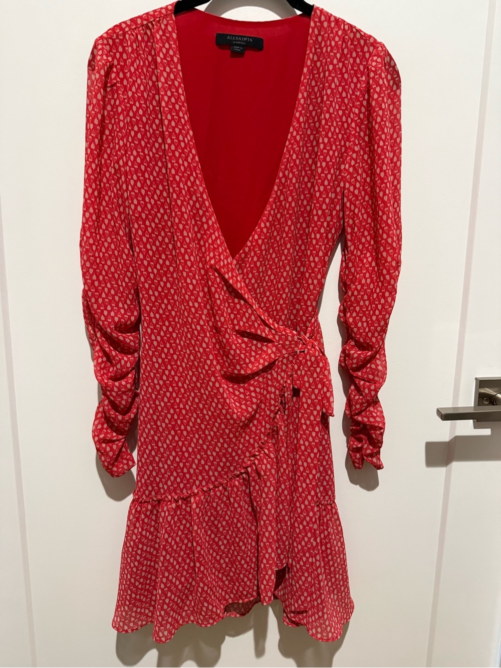 All Saints Red Heart Wrap Dress with Ruffle Hem - XS